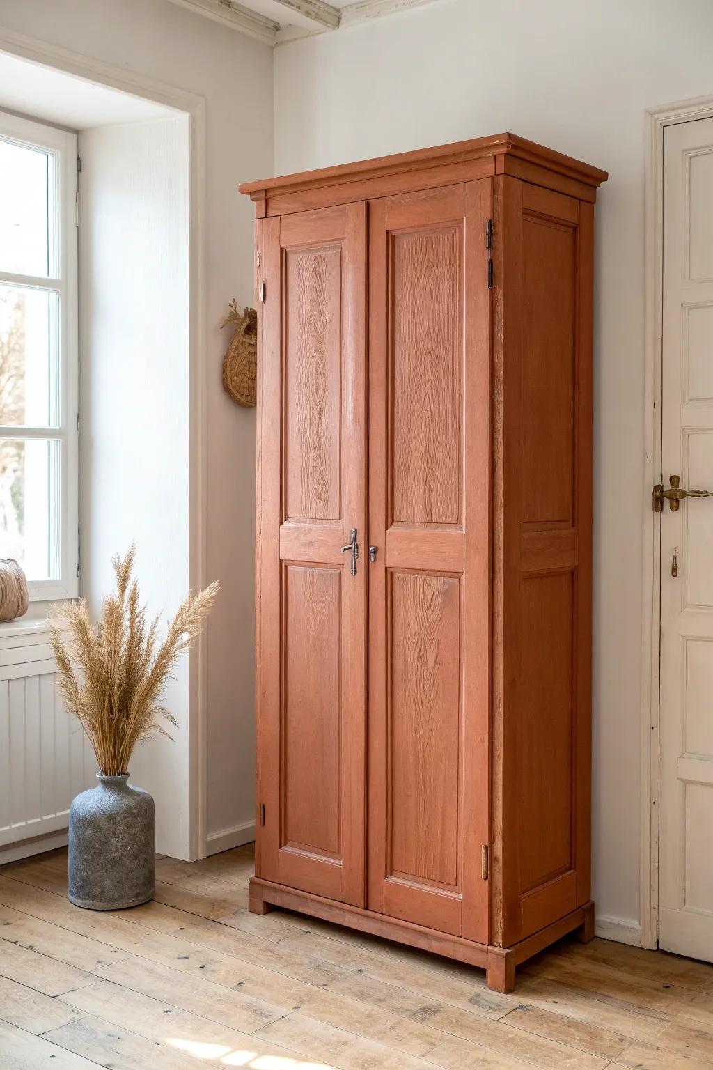 A bold painted closet door with wood grain peeking through—instant focal point, cozy and chic.