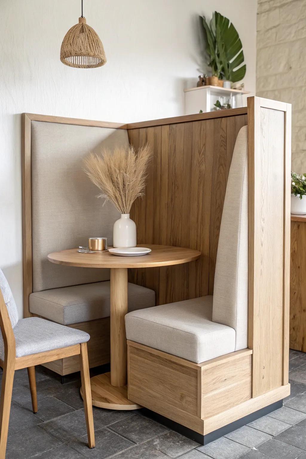 High-back oak booth with linen upholstery—calm, private seating with Scandinavian warmth.