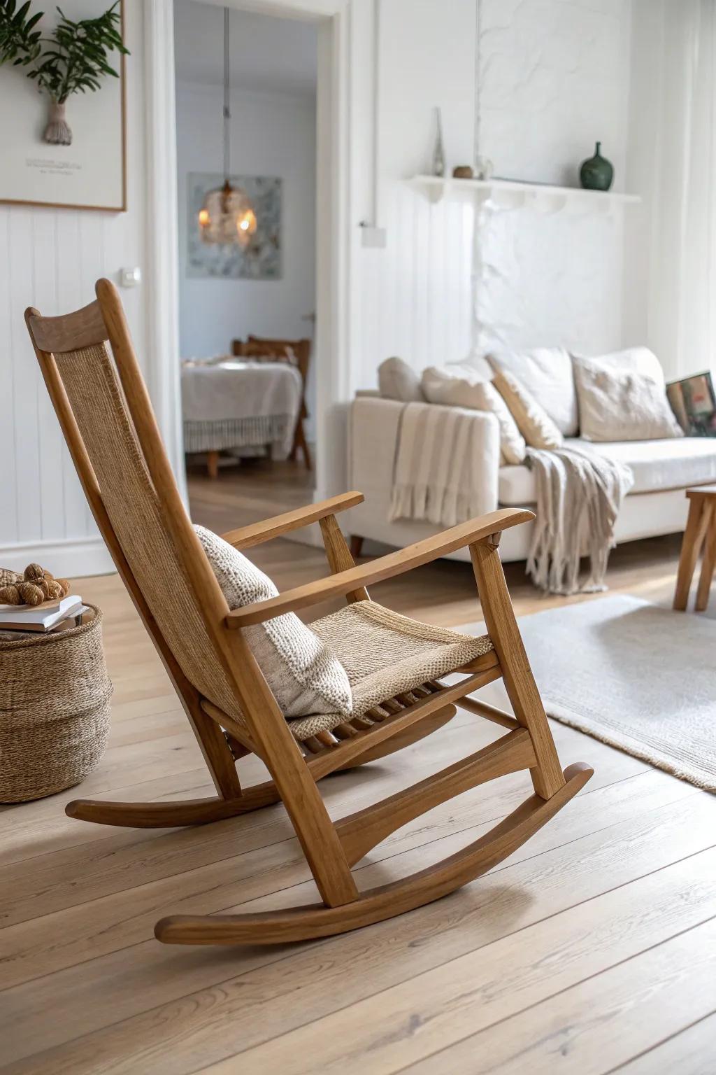 Angle a handcrafted wood rocker toward the sofa to form a cozy conversation triangle.