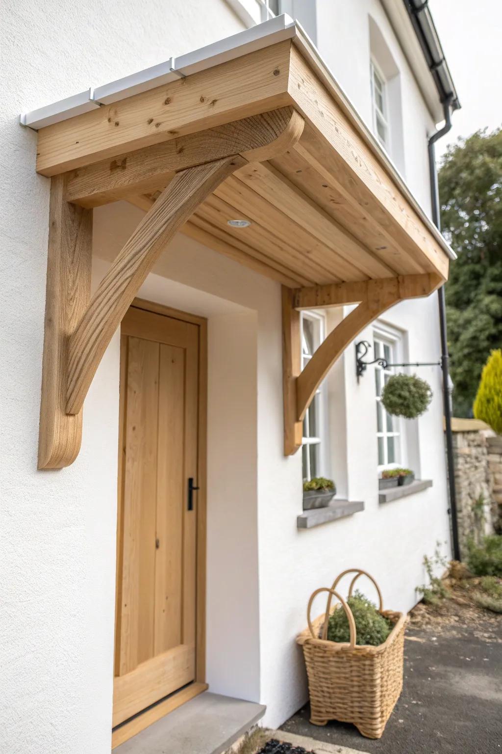 Floating wood hood with thick corbels—clean, architectural, and warmly Scandinavian.