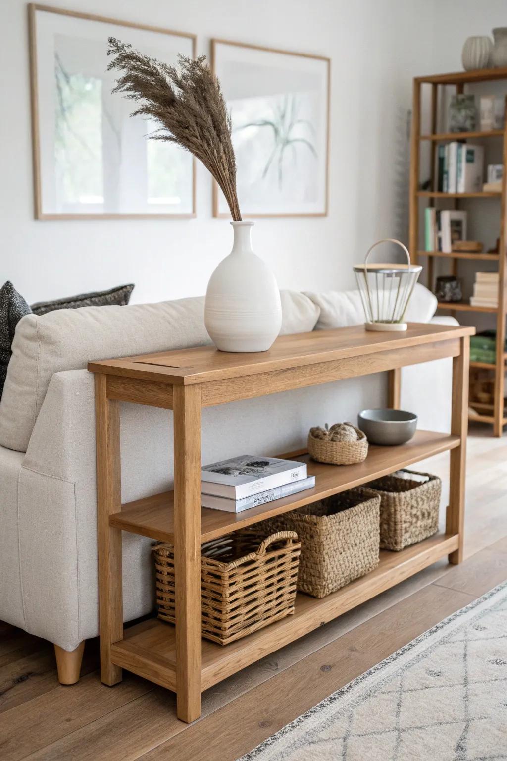 A slim oak console behind the sofa zones the studio and adds hidden storage in style.