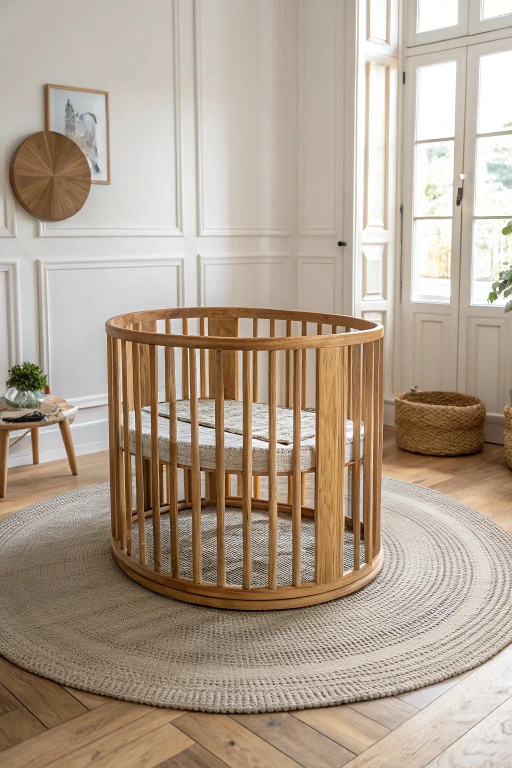 A round crib on a matching round rug creates a cozy, custom nursery zone with effortless style.