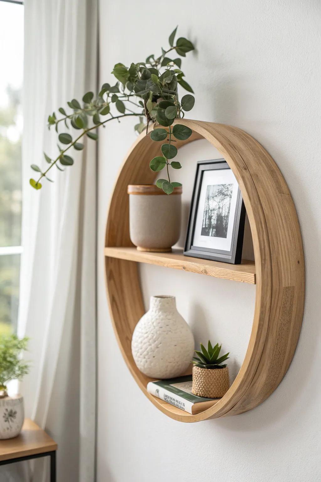 Neutral round shelf trio: plant, ceramic, and a framed photo—simple, airy, timeless.