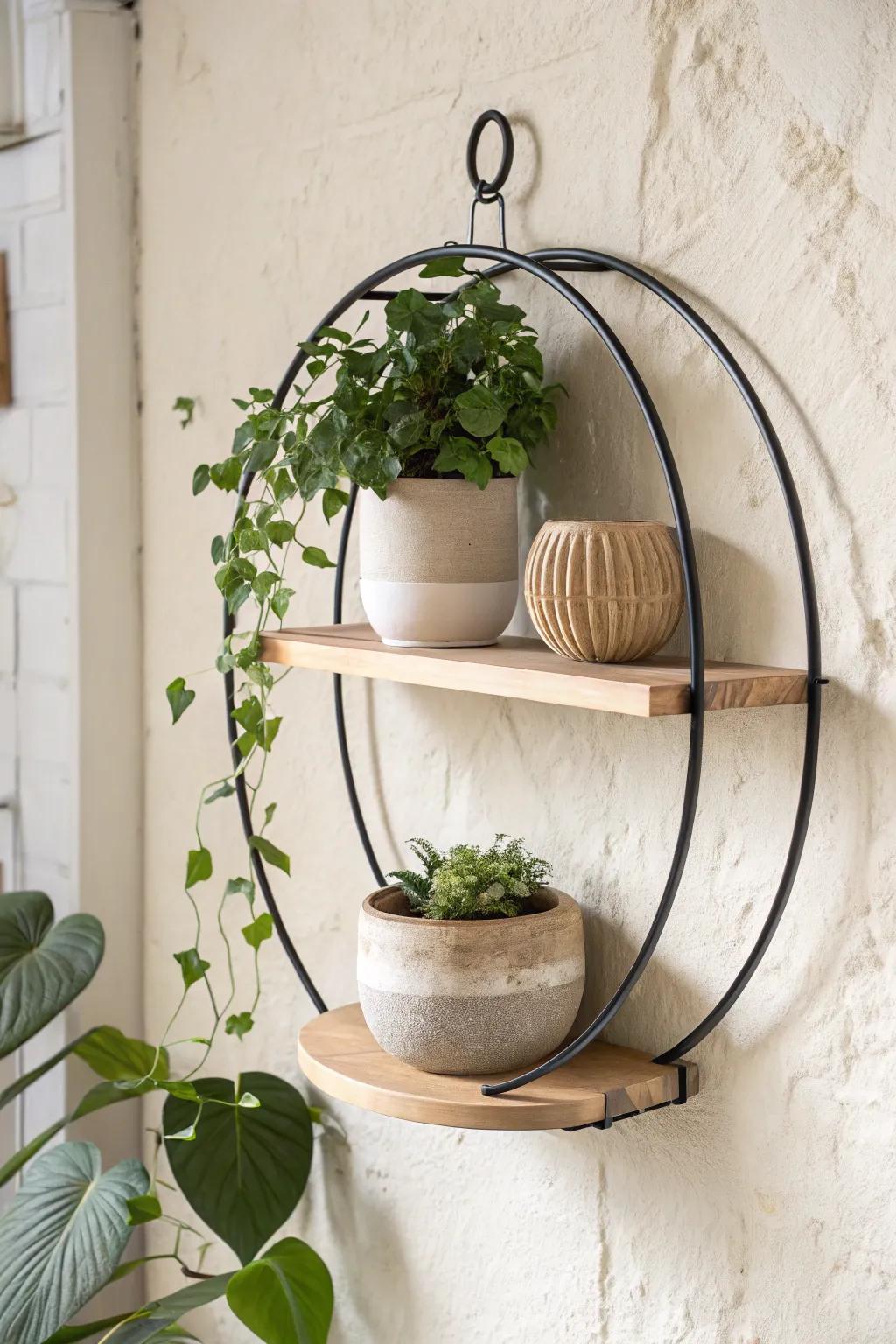 Two-tier round shelf styling: grounded on the bottom, airy accents above—perfect for small spaces.