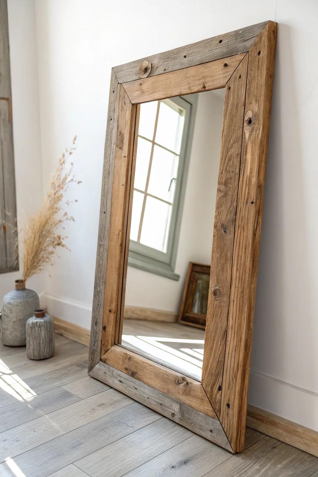 Rustic barnwood mirror frame that turns a plain bathroom into a warm, handcrafted retreat.