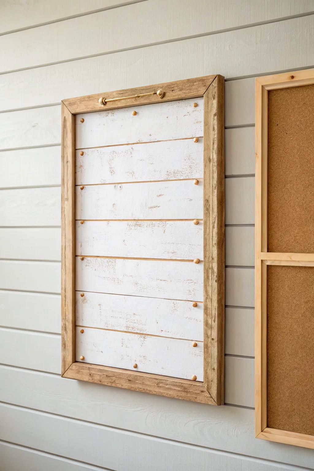 Warm-white shiplap backdrop turns a rustic bulletin board into a tiny wall feature.