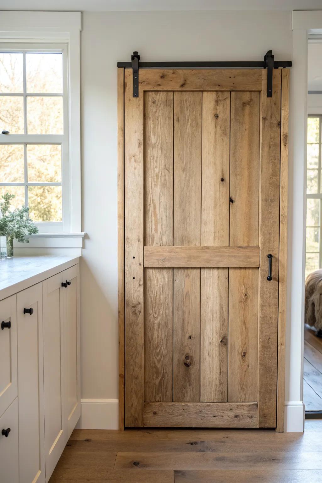 Horizontal wide-plank cabinet door in warm oak with a black pull—rustic, minimal, softly boho.