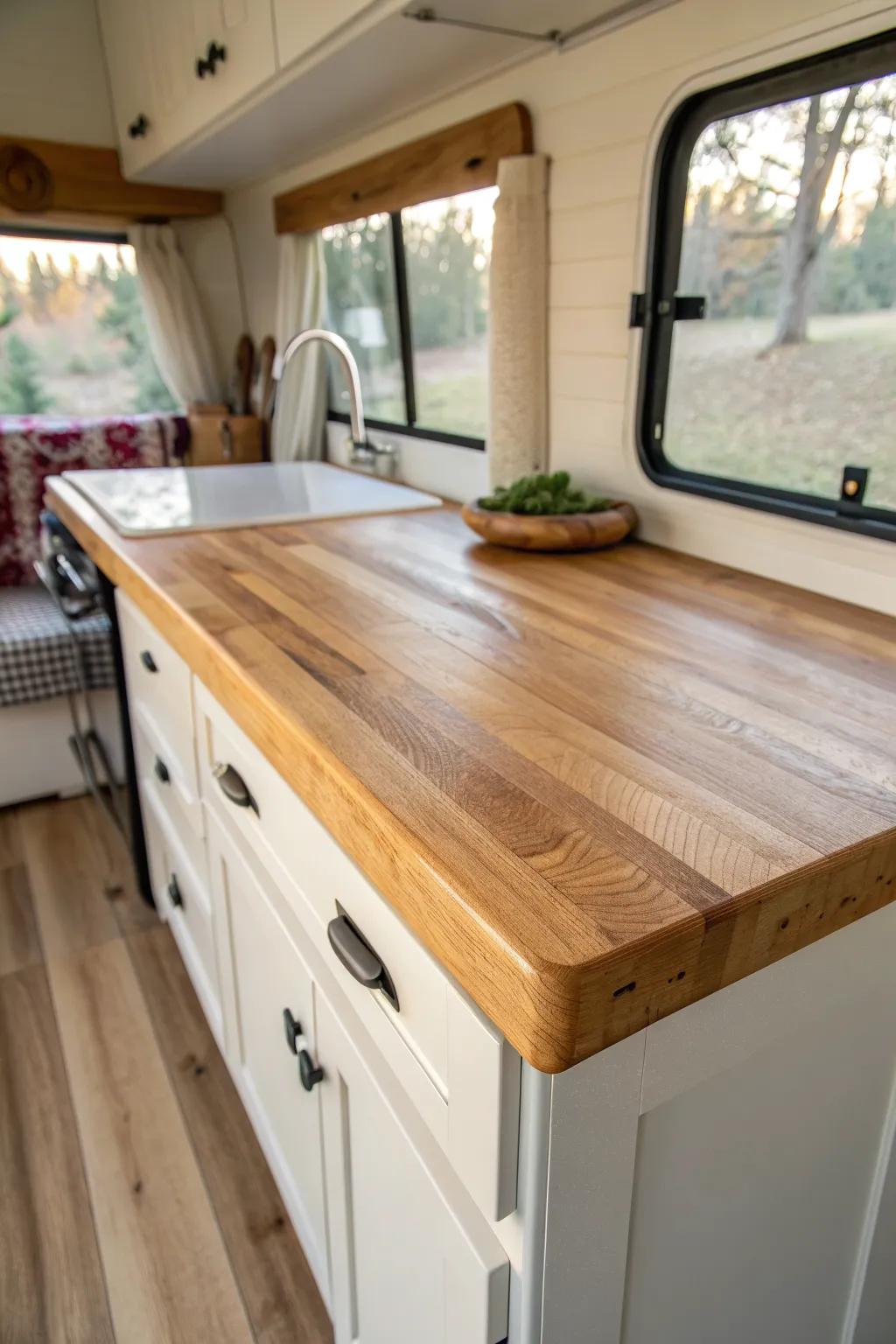 Warm oil-finished butcher block transforms a tiny camper kitchenette into a handcrafted retreat.