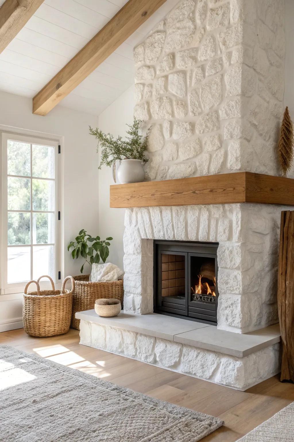 Whitewashed stone brightens the corner, while a warm wood mantel keeps it rustic and cozy.