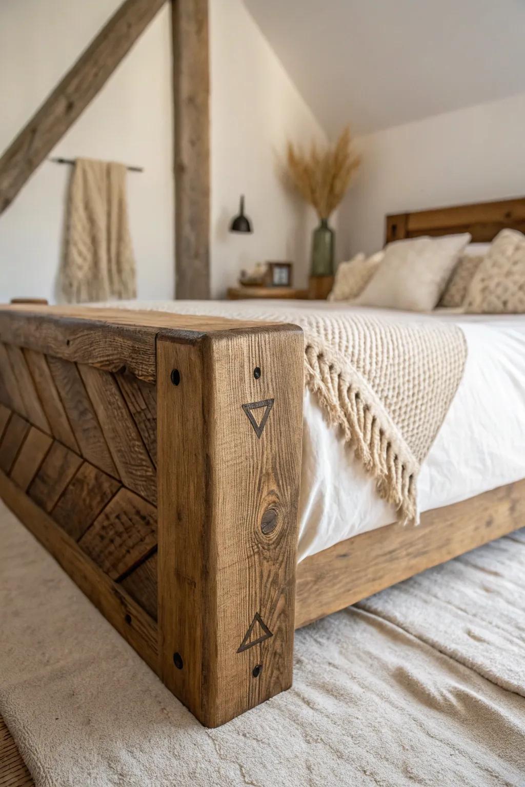 Exposed pine box beam warmth—simple Scandinavian calm with cabin-cozy rustic charm.