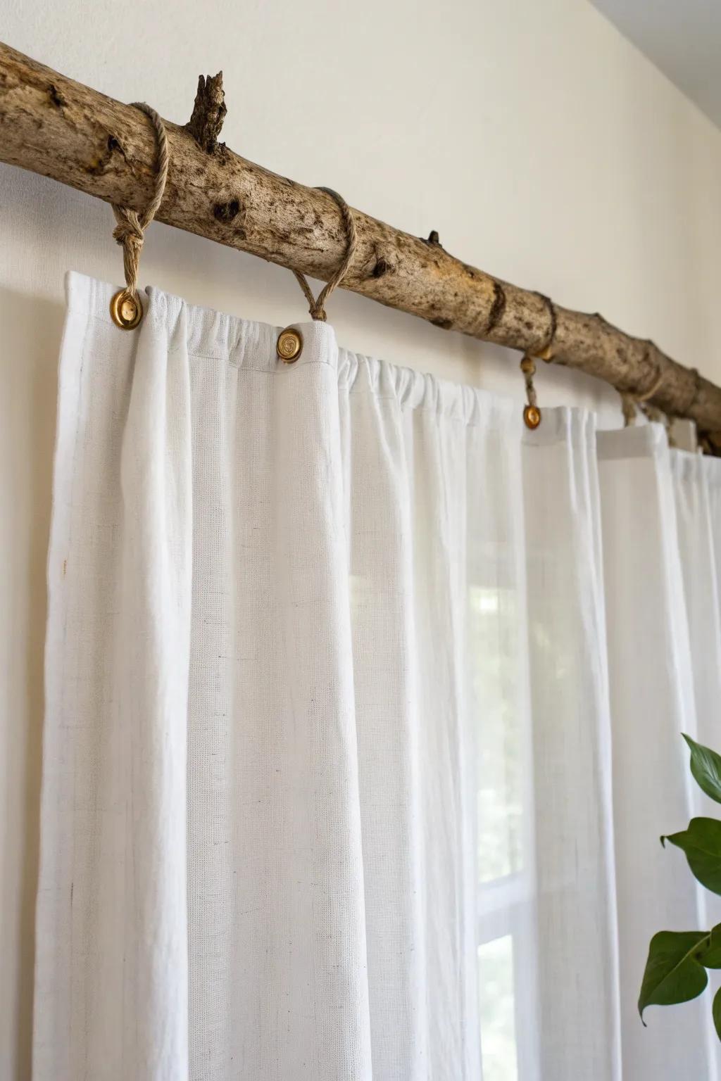 Knotted branch curtain rod with a clear finish—simple, rustic charm for airy linen panels.