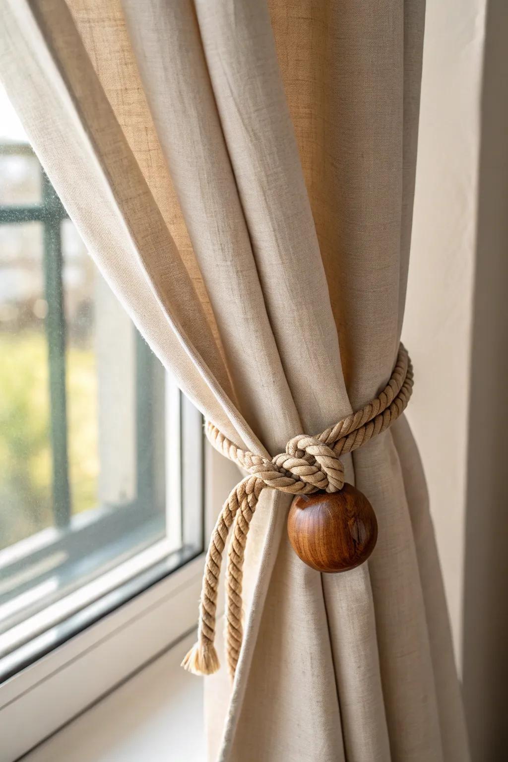 Simple wood dowel + hemp rope tieback for an easy rustic farmhouse curtain cinch.