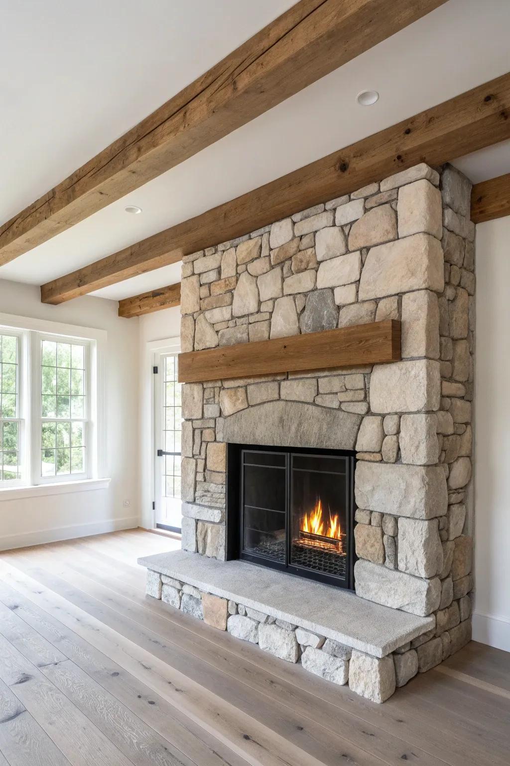 A floor-to-ceiling stone fireplace framed in chunky oak—rustic warmth with clean Nordic calm.