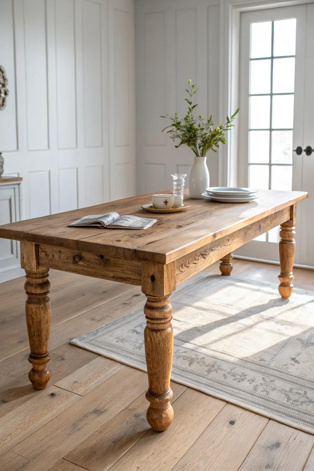 A thick rustic top and turned legs bring instant heirloom warmth to a minimalist dining space.