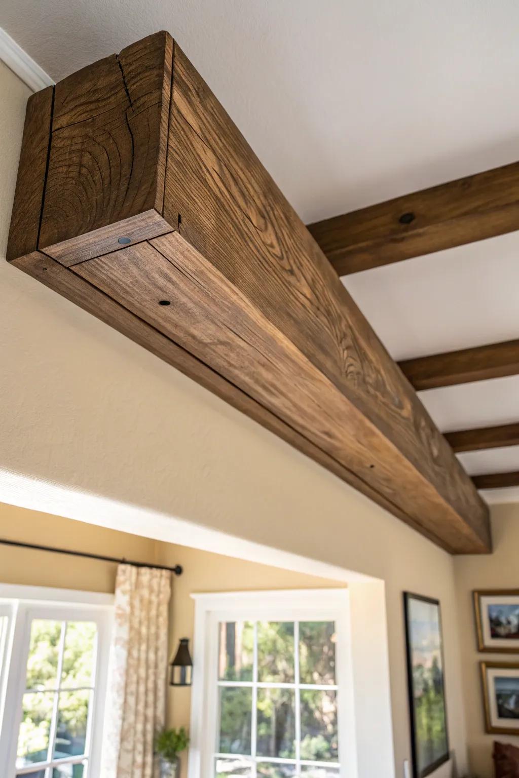 Walnut-stained faux ceiling beam adds instant rustic warmth to a calm earth-tone space.