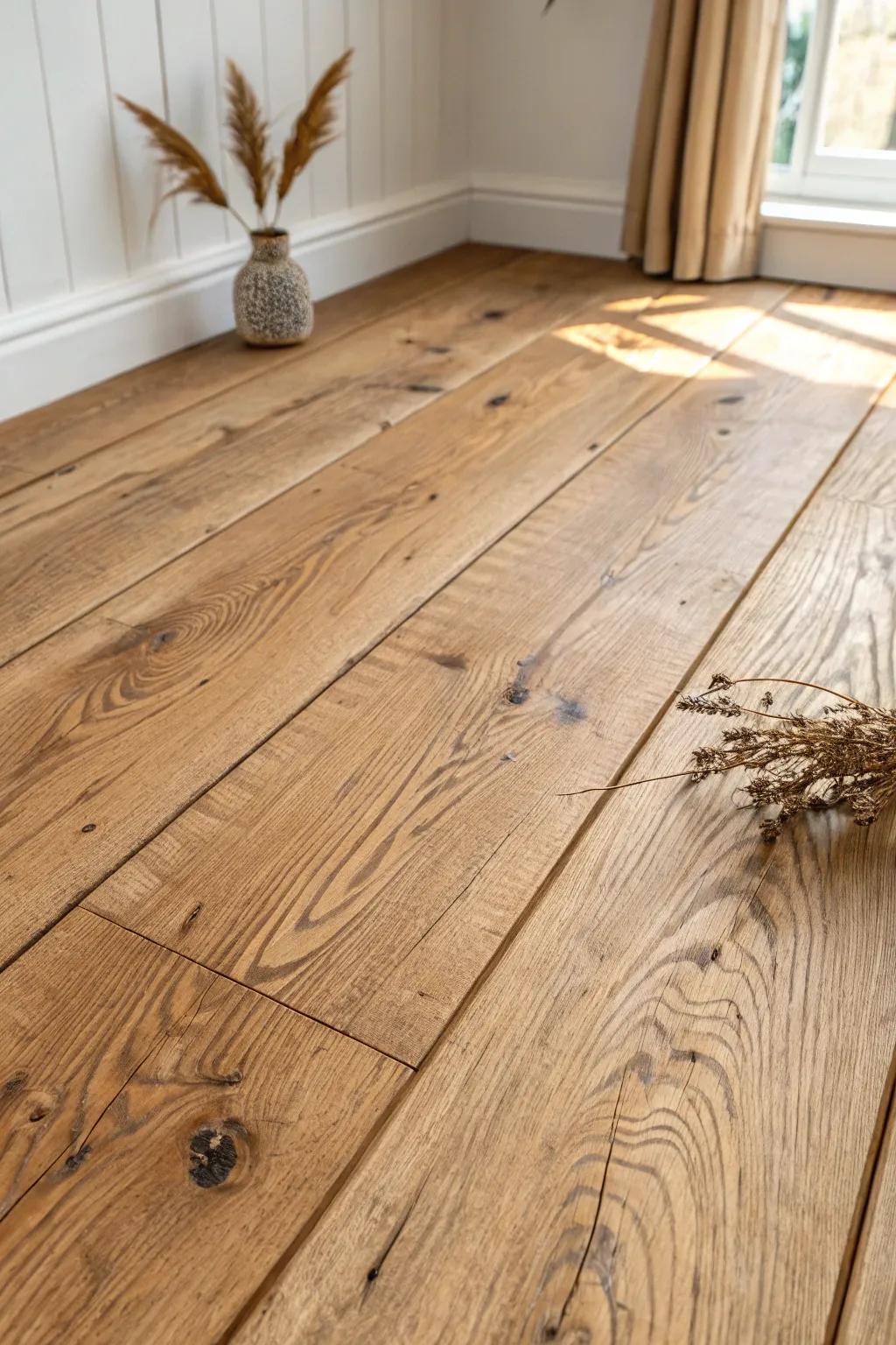 Hand-scraped wood flooring that adds cozy cabin texture—without changing a single wall.