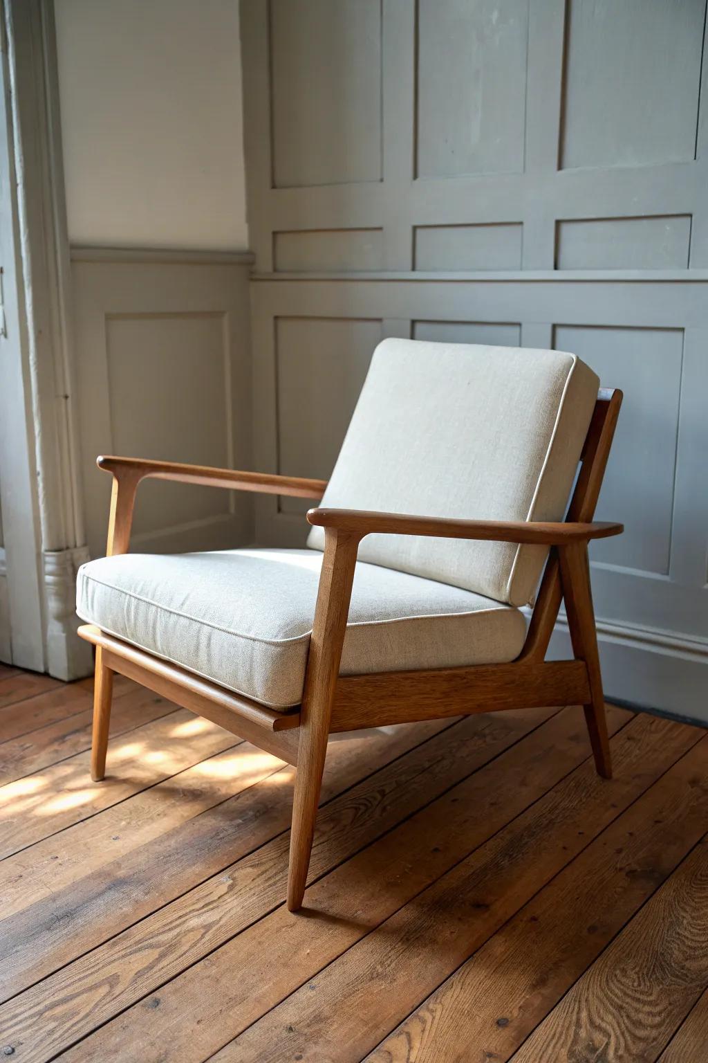 Warm grey walls make brown wood floors glow—try a single crafted chair for contrast.