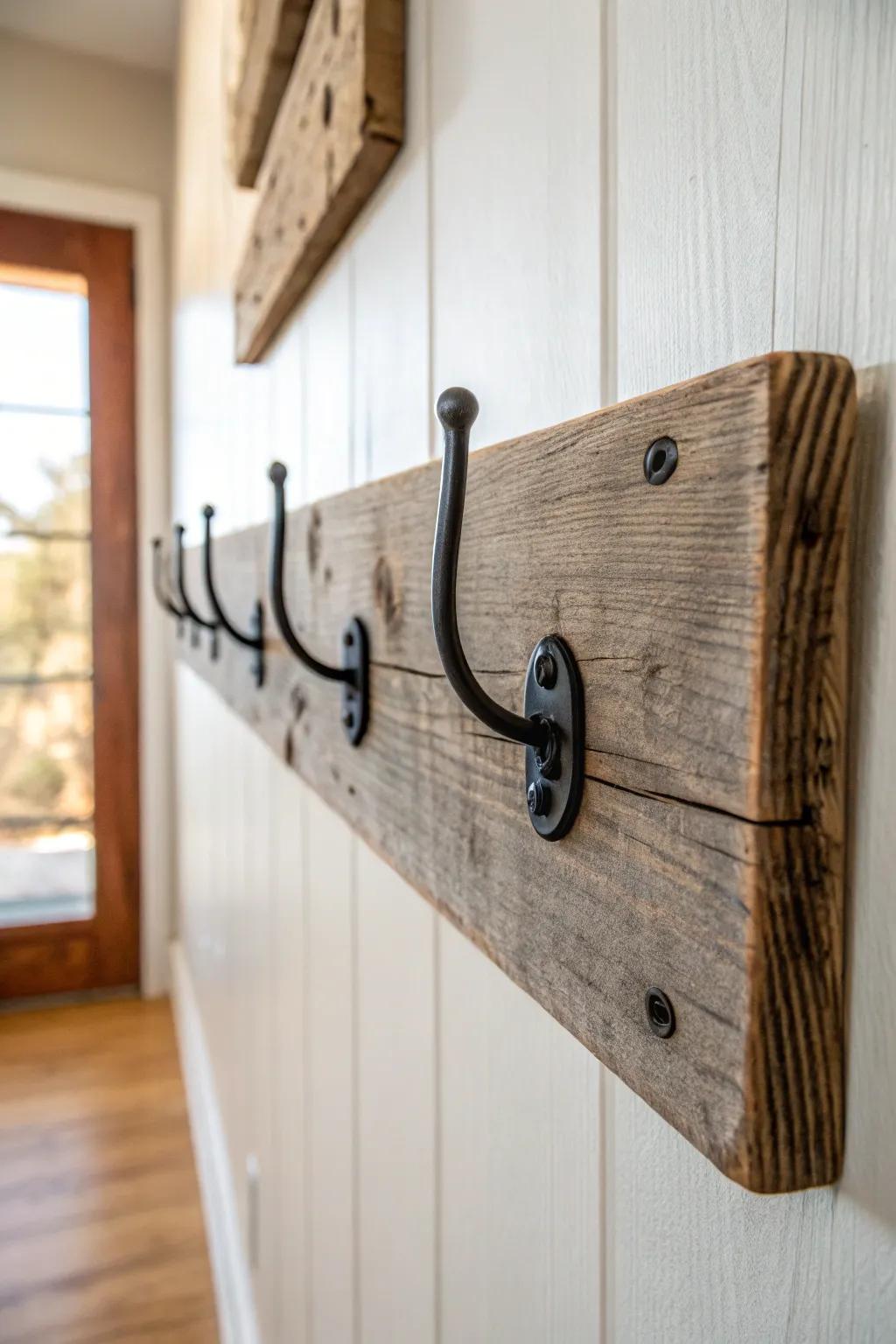 Weathered wood + matte black hooks: a rustic hallway upgrade that feels calm and crafted.