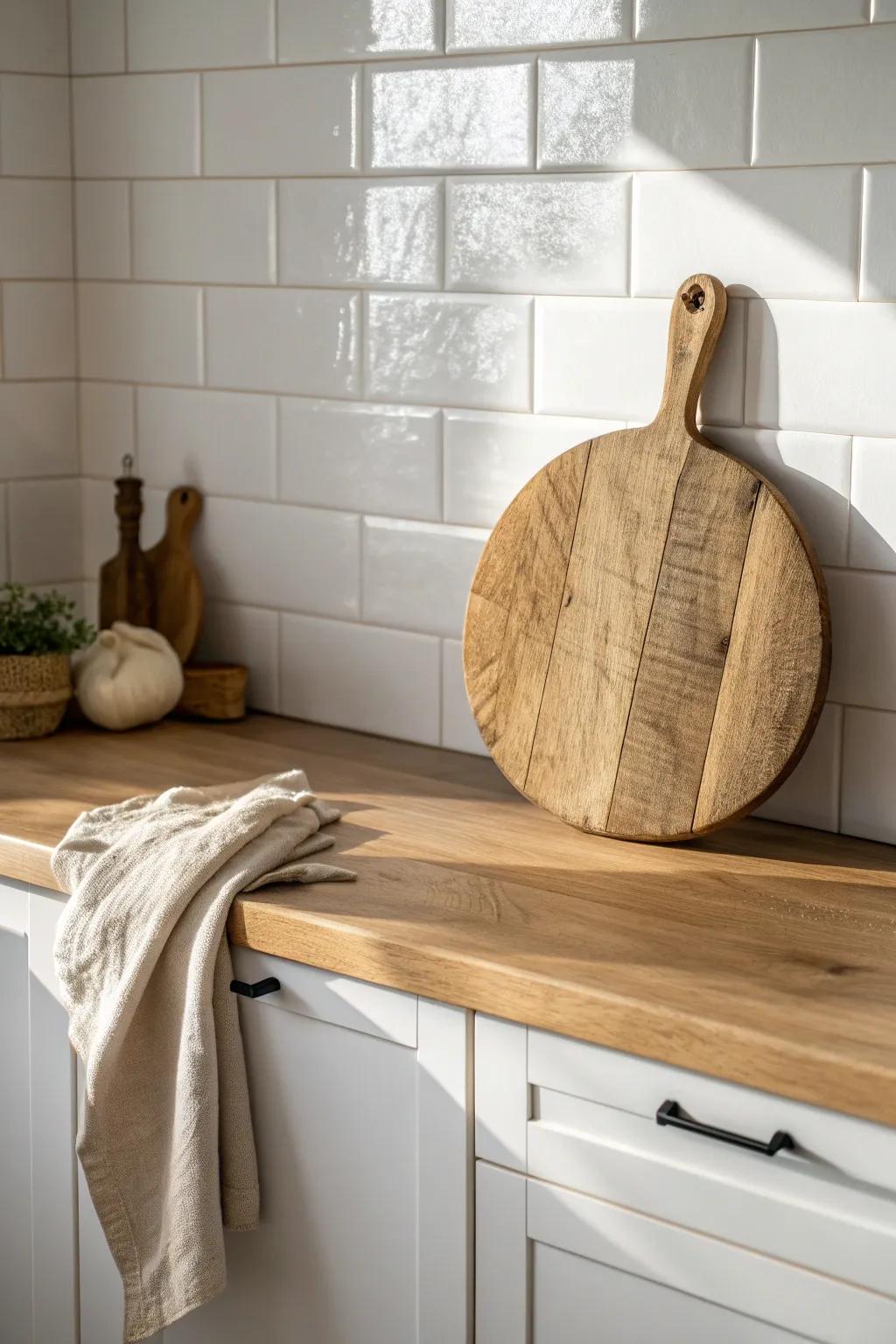 Lean an oversized cutting board for effortless rustic warmth—zero-install, all style.