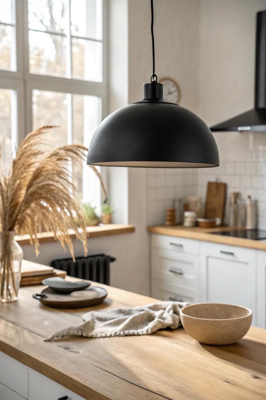 Matte black dome pendants add crisp contrast to warm wood—hang them a touch higher.