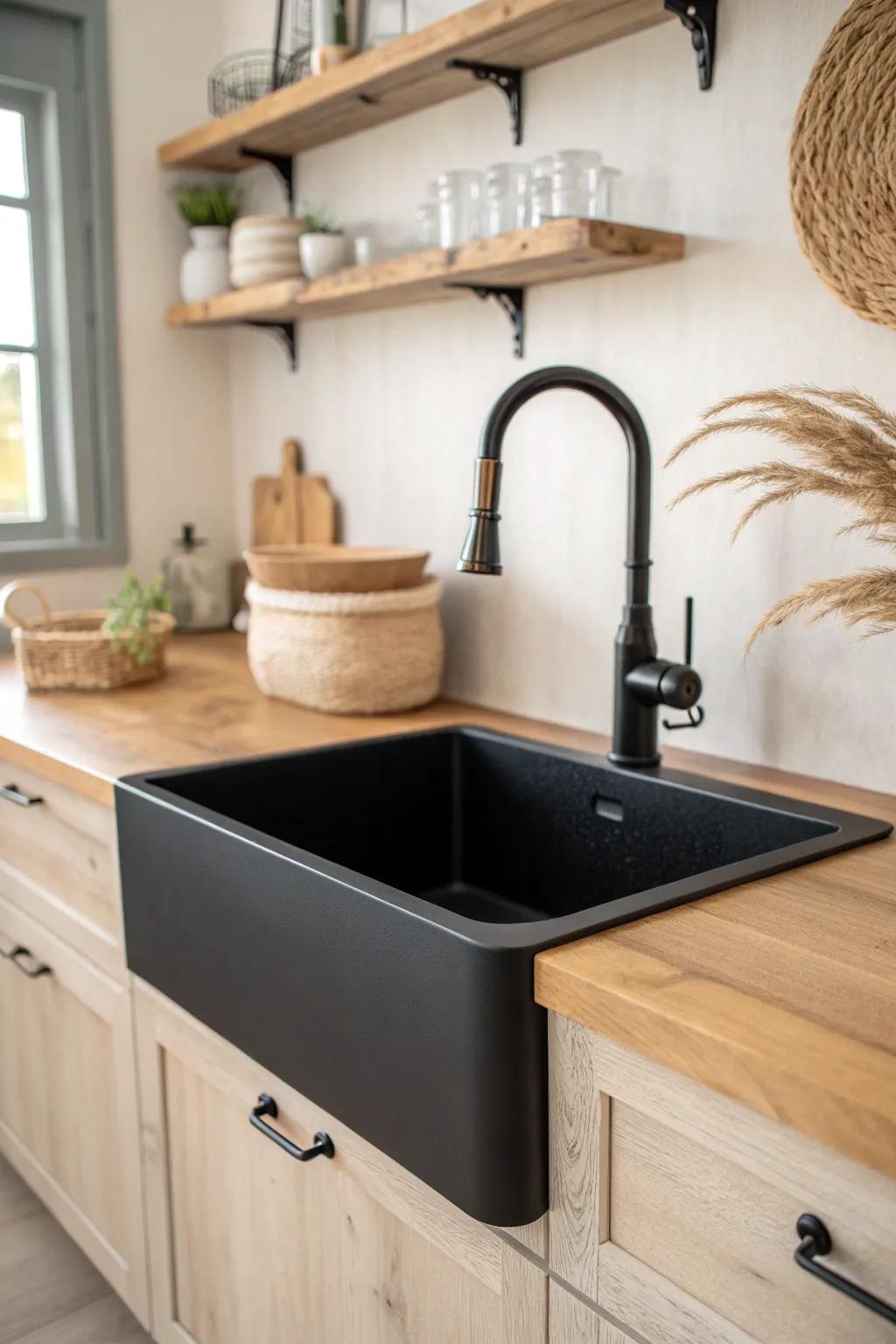 Matte black apron sink meets light wood—refined rustic contrast with calm Scandinavian ease.