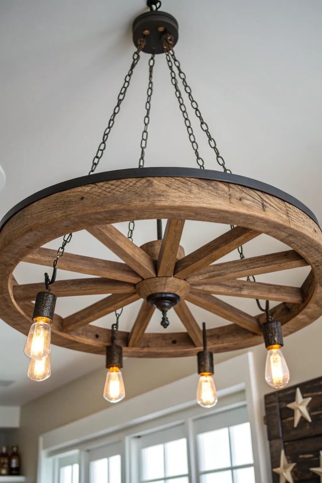 Rustic wagon wheel chandelier with warm Edison bulbs—minimal chain, maximum handcrafted charm.