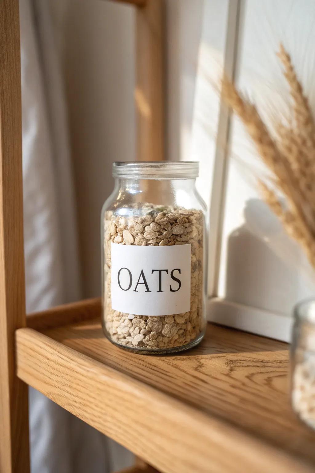 A single labeled glass jar on warm oak—rustic pantry calm with effortless Scandinavian simplicity.