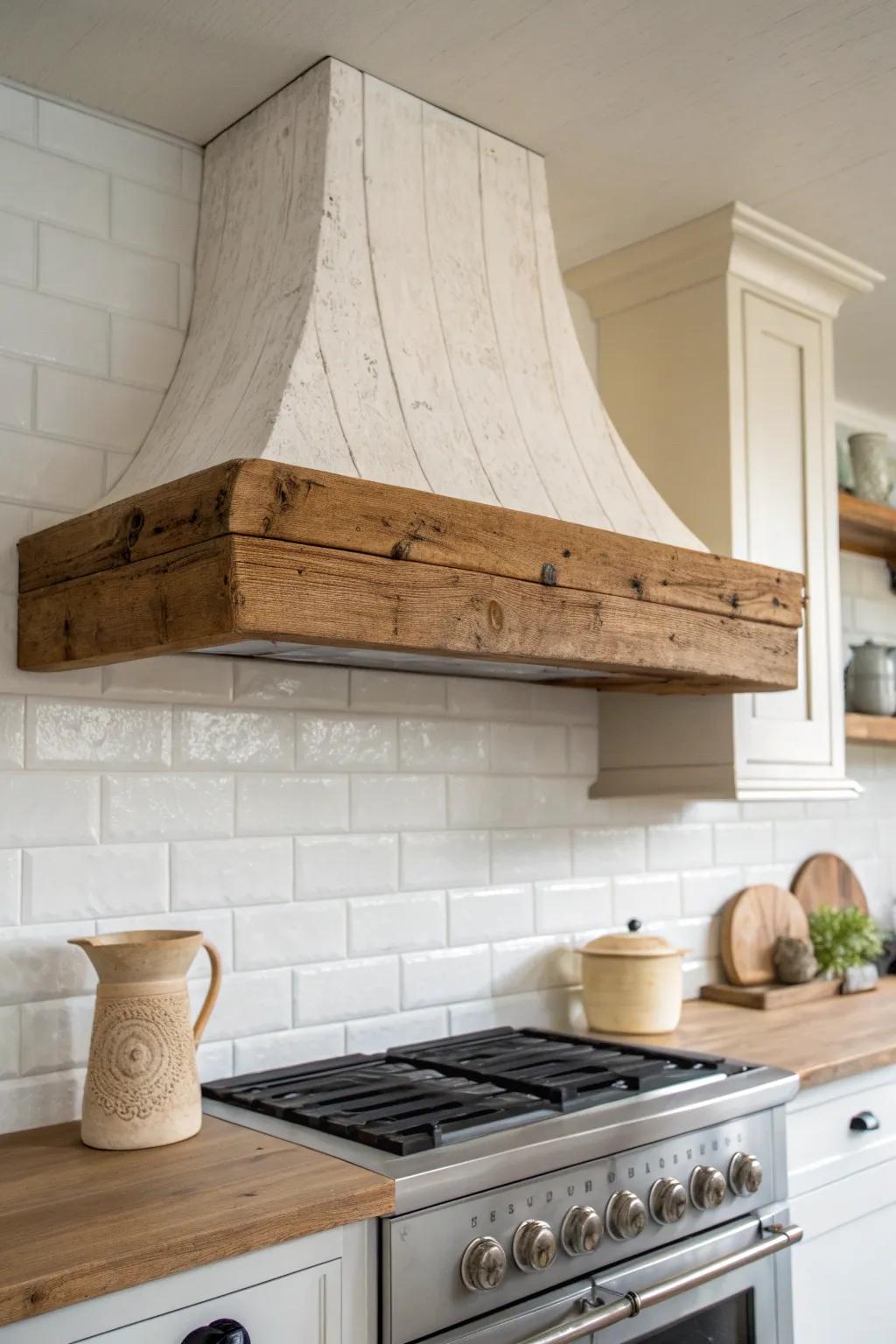 Chunky mantel shelf turns a rustic wood range hood into an architectural focal point.