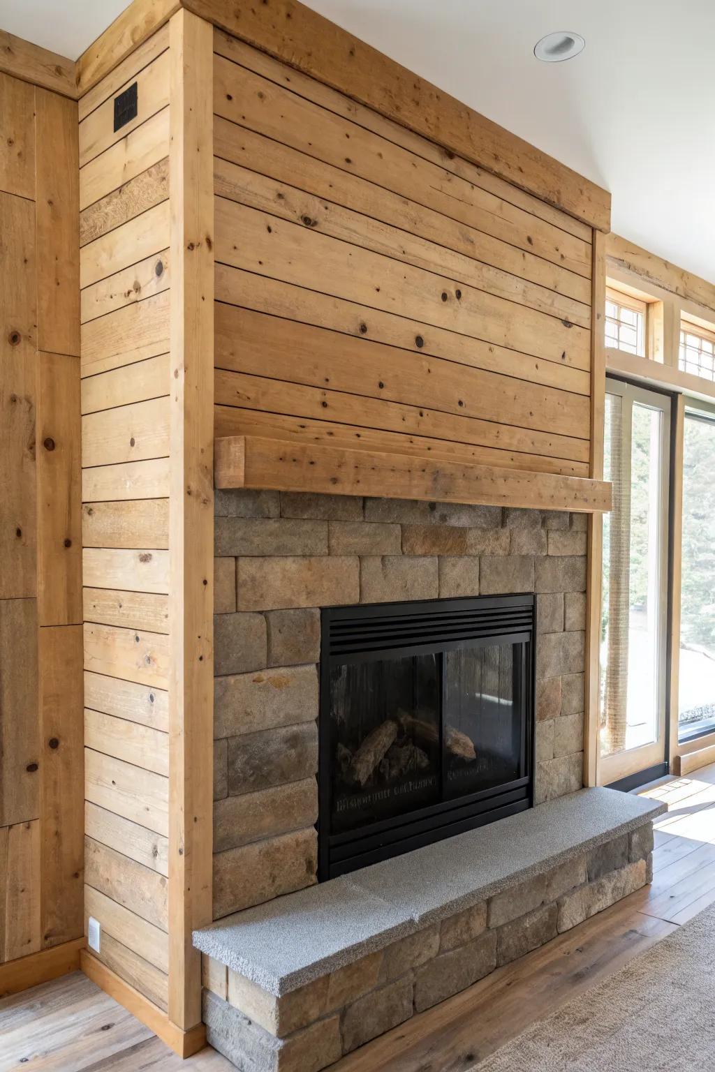 Rustic knotty shiplap + clean trim makes this fireplace feel taller, cozier, and built-in.