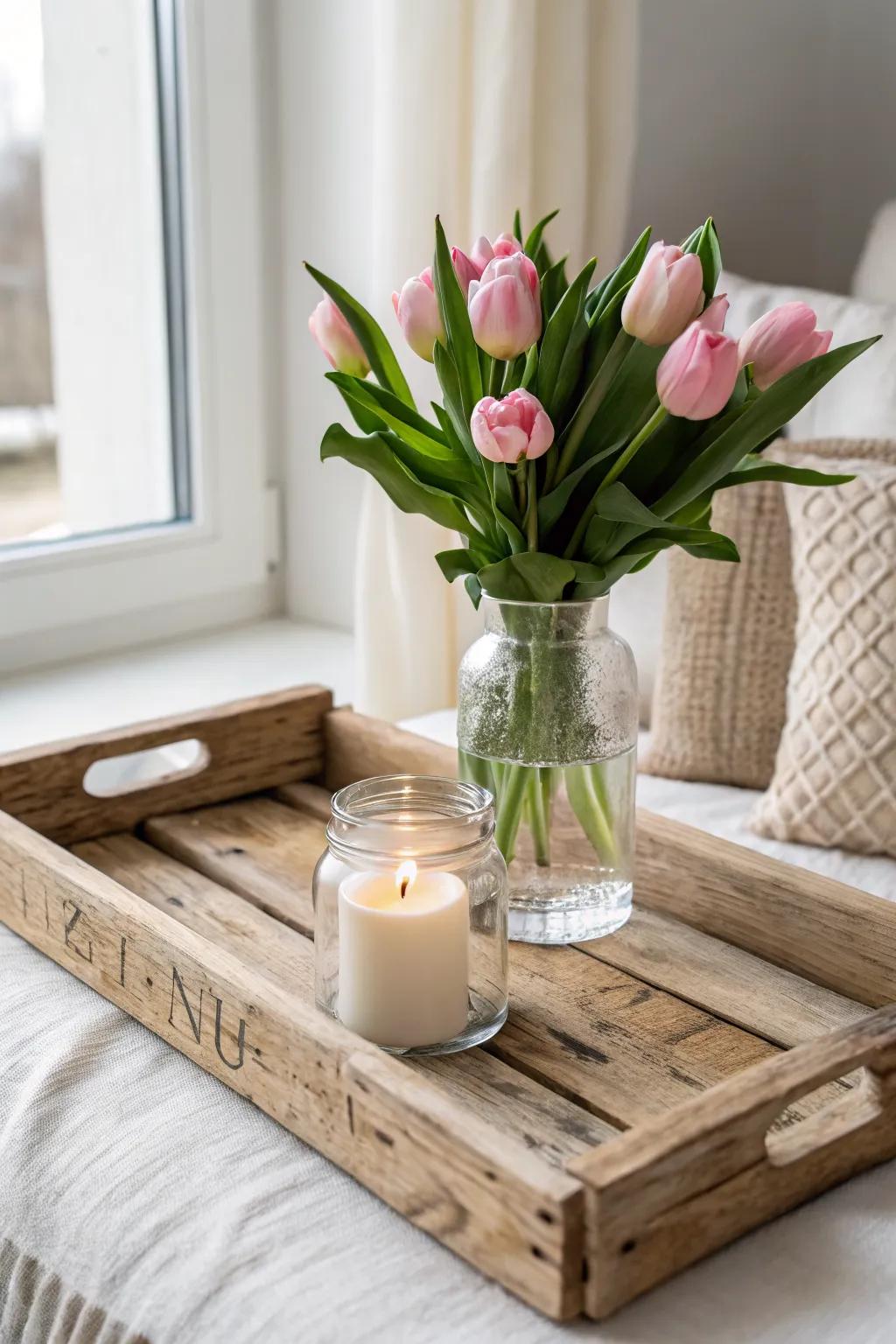 Rustic tulips in a canning jar + candle on a chunky wood tray—easy spring charm.