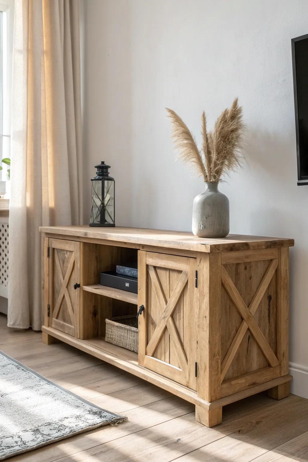 Farmhouse charm meets Scandinavian calm: a rustic TV stand with bold side X-bracing.