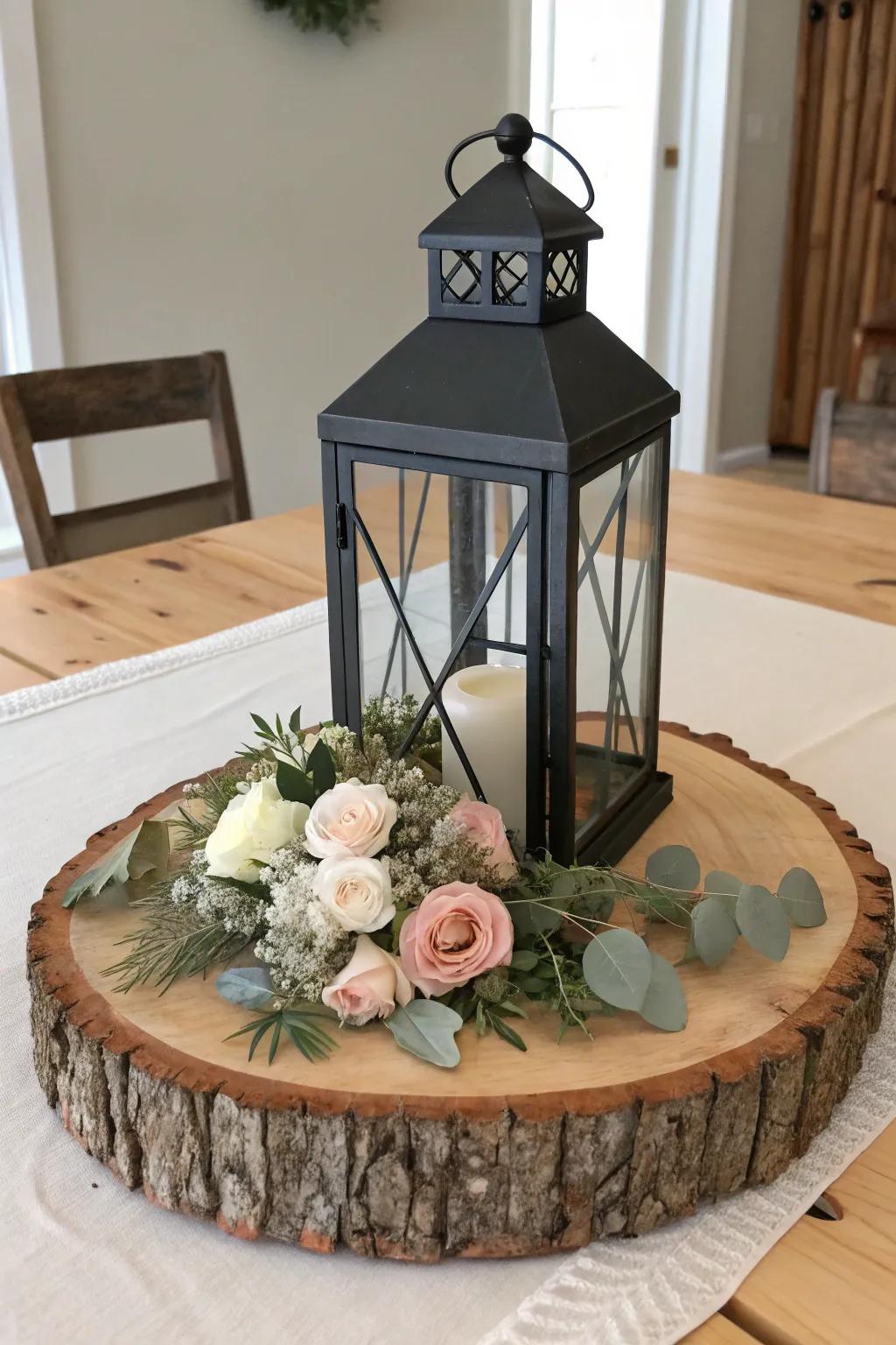 Lantern on a live-edge wood slab with a soft floral collar—simple, rustic, and refined.