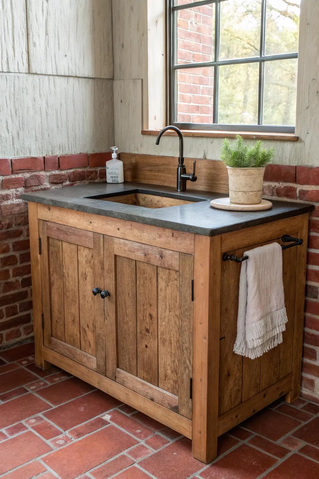 Rustic wood wet bar meets brick backsplash—tavern charm with clean Scandinavian calm.