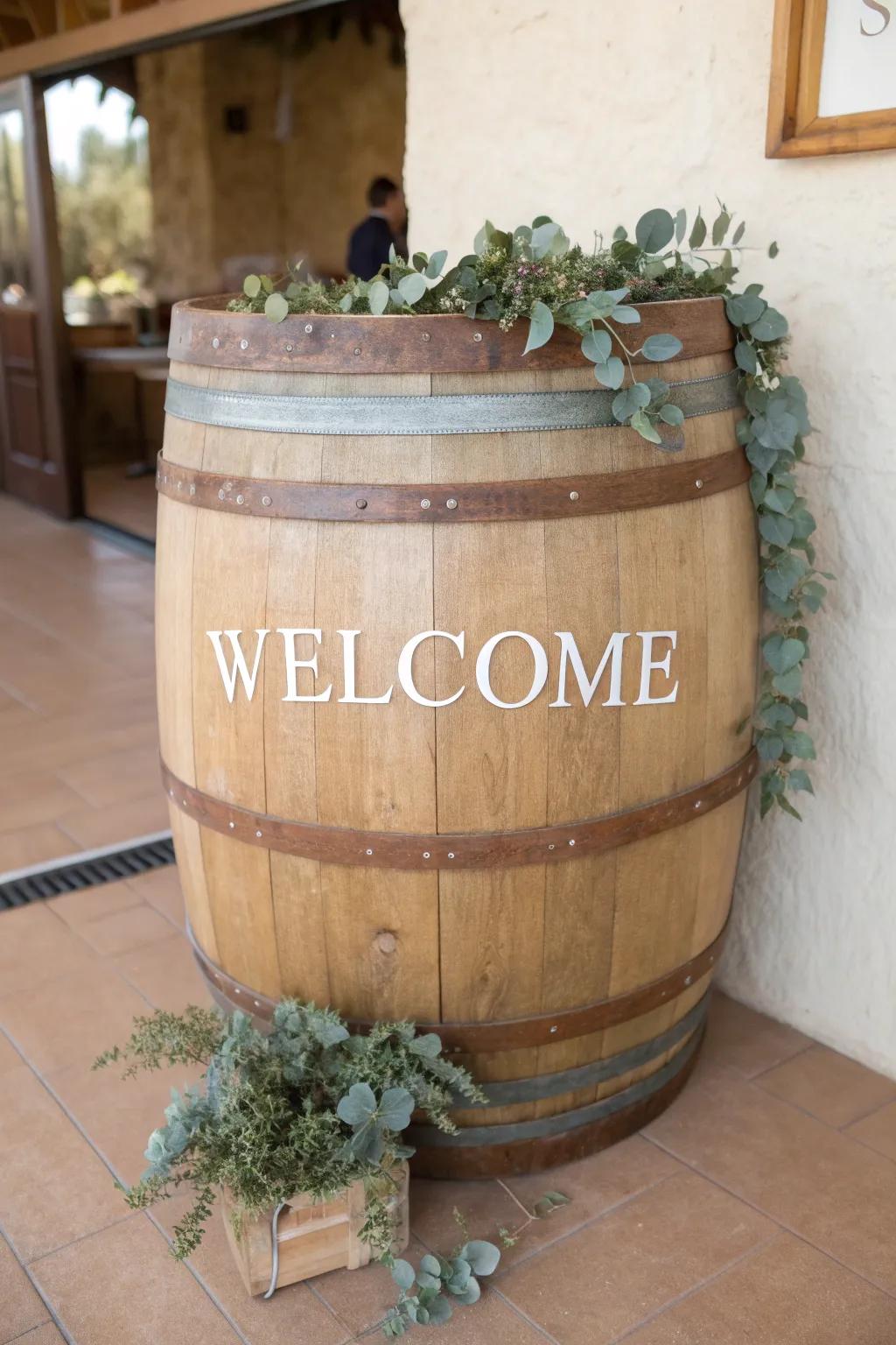 Rustic wine barrel welcome sign stand with simple greenery—minimal, handmade, photo-ready.