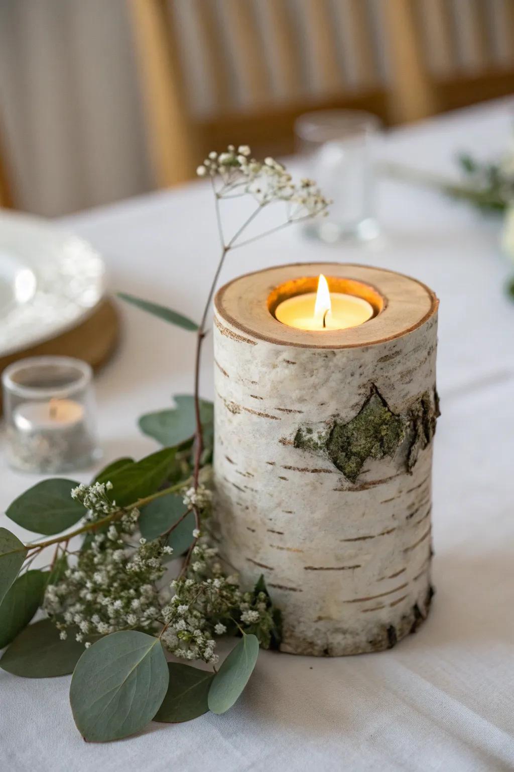 Handmade birch log tealight holder—simple winter-wedding glow with cozy Scandinavian charm.