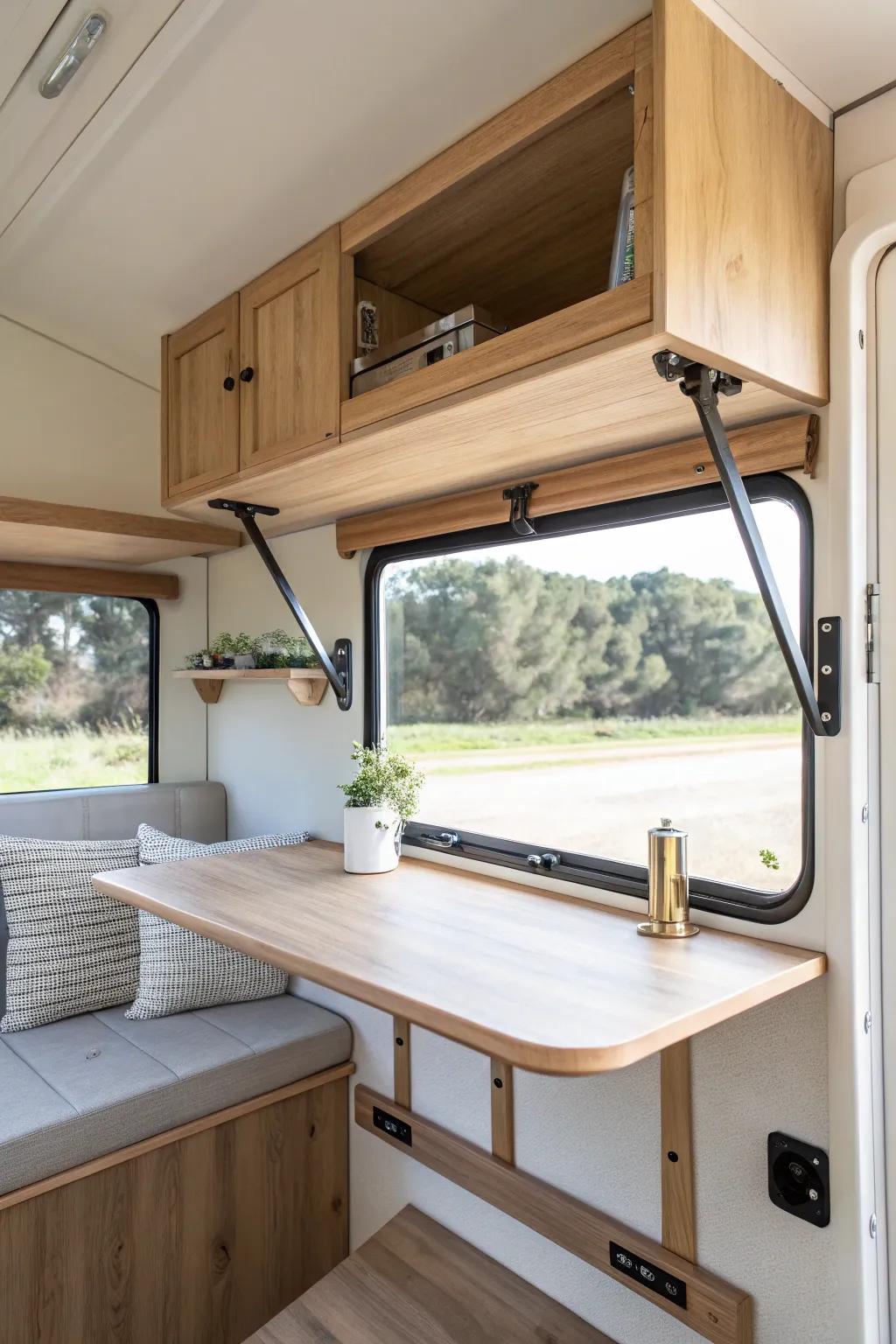 A sleek fold-down RV wall bar in oak—sturdy hinges, locking latch, and space-saving style.