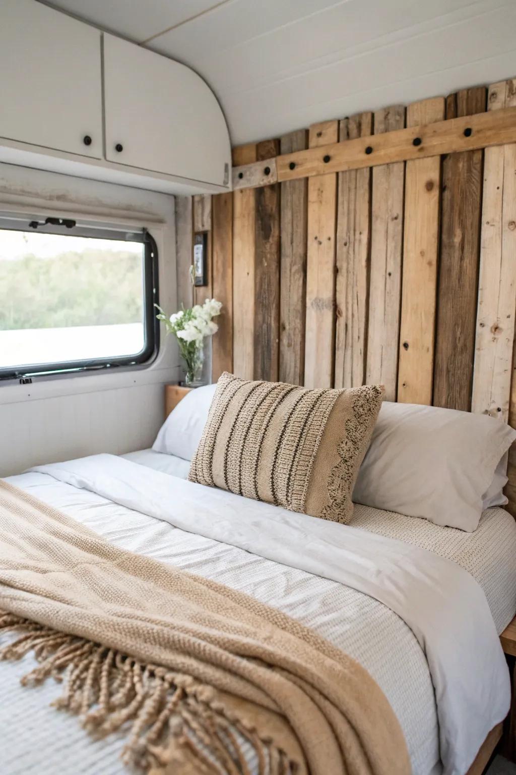 Reclaimed wood slat headboard for an RV bed—cozy cabin warmth, minimal space, maximum charm.