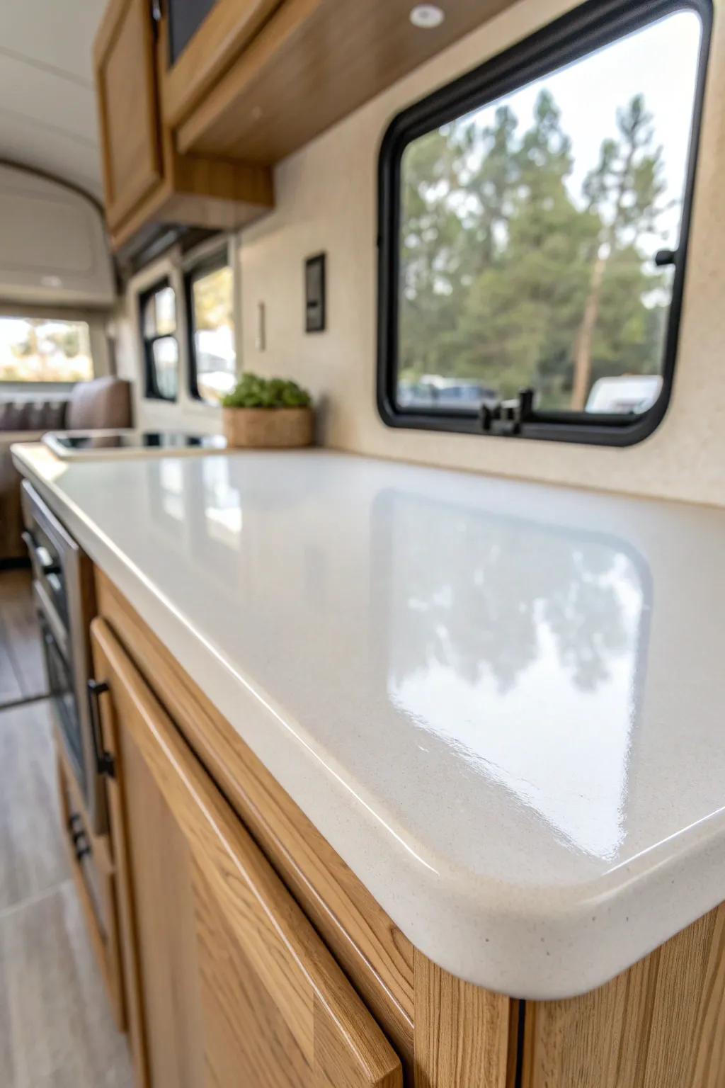 Weekend RV makeover: painted countertop sealed under a crystal-clear topcoat for modern shine.