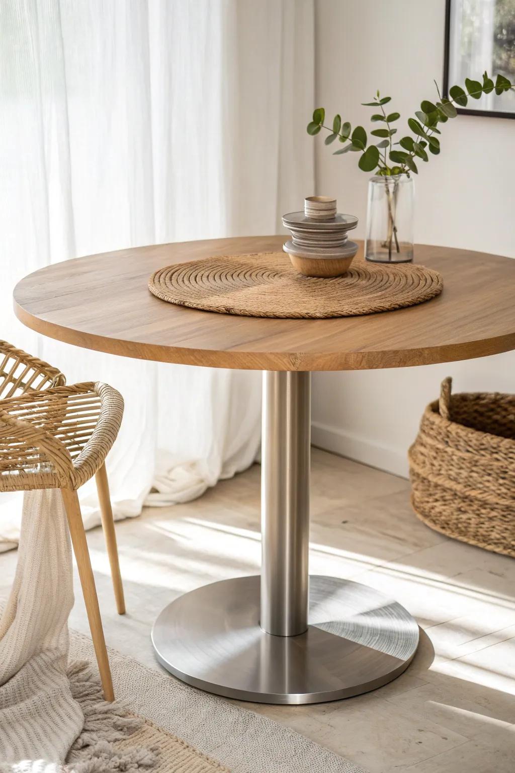 A sleek pedestal RV dining table that frees up legroom—minimal, airy, and beautifully crafted.