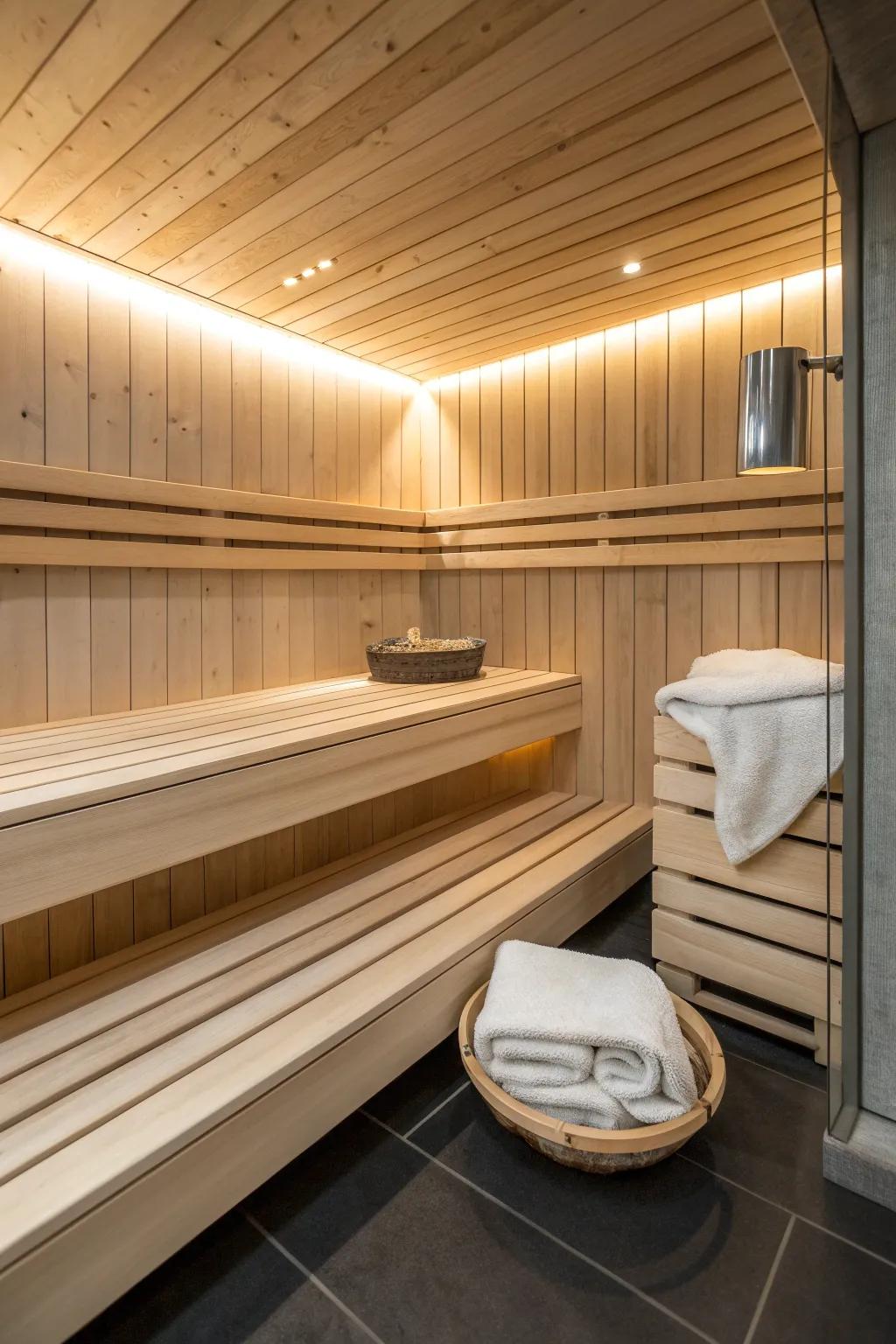 Two-level sauna bench seating: a handcrafted upper perch and a gentler lower lounge.