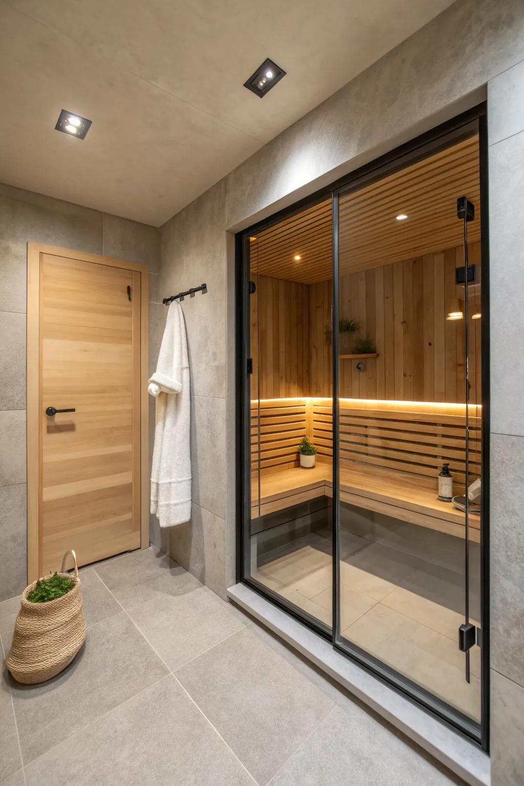 Walk-in shower meets a compact cedar sauna nook—one seamless, space-smart wellness zone.