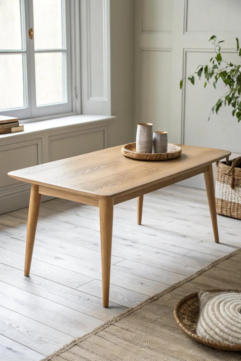 Clean-line oak coffee table with matte finish—Scandi simplicity with a soft boho touch.