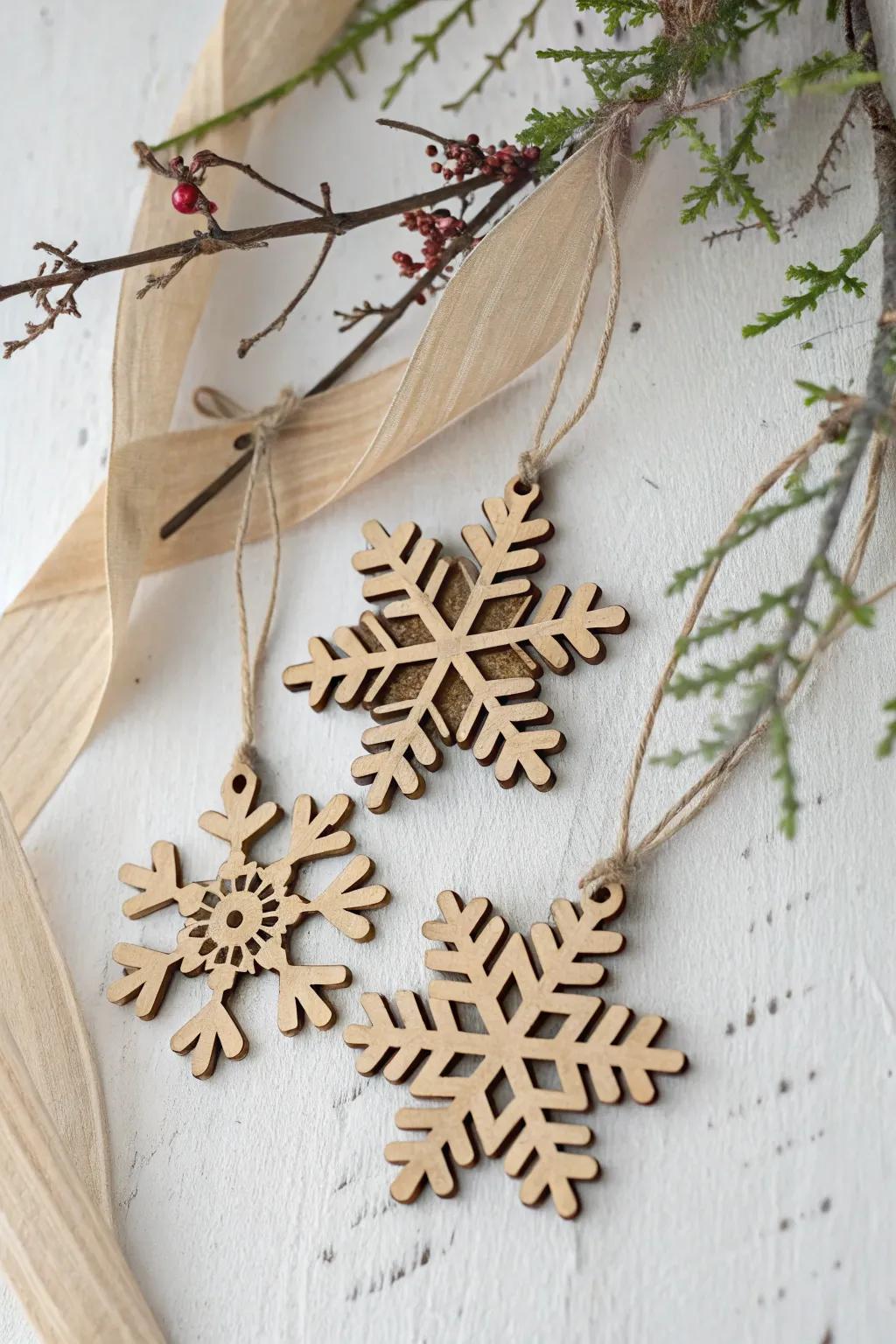 Stack-cut birch snowflake ornaments—matching sets with crisp scroll-saw detail and cozy minimal style.