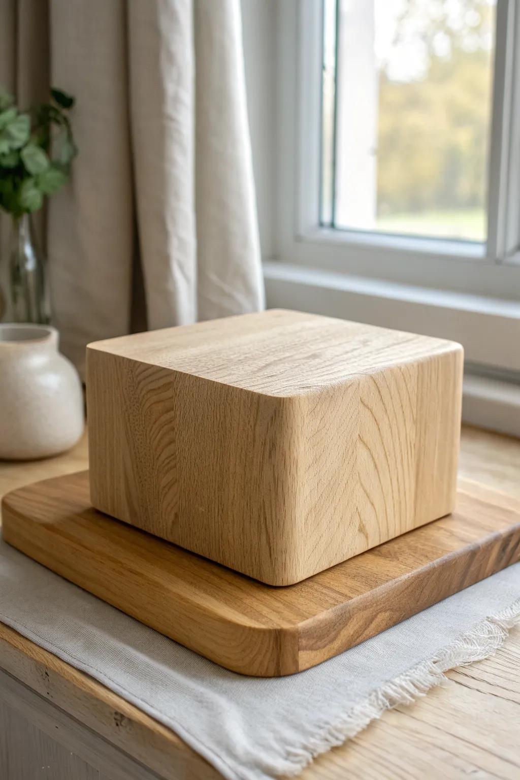 A chunky low-profile wood block base—soft edges and felt underneath for a grounded, scratch-free finish.