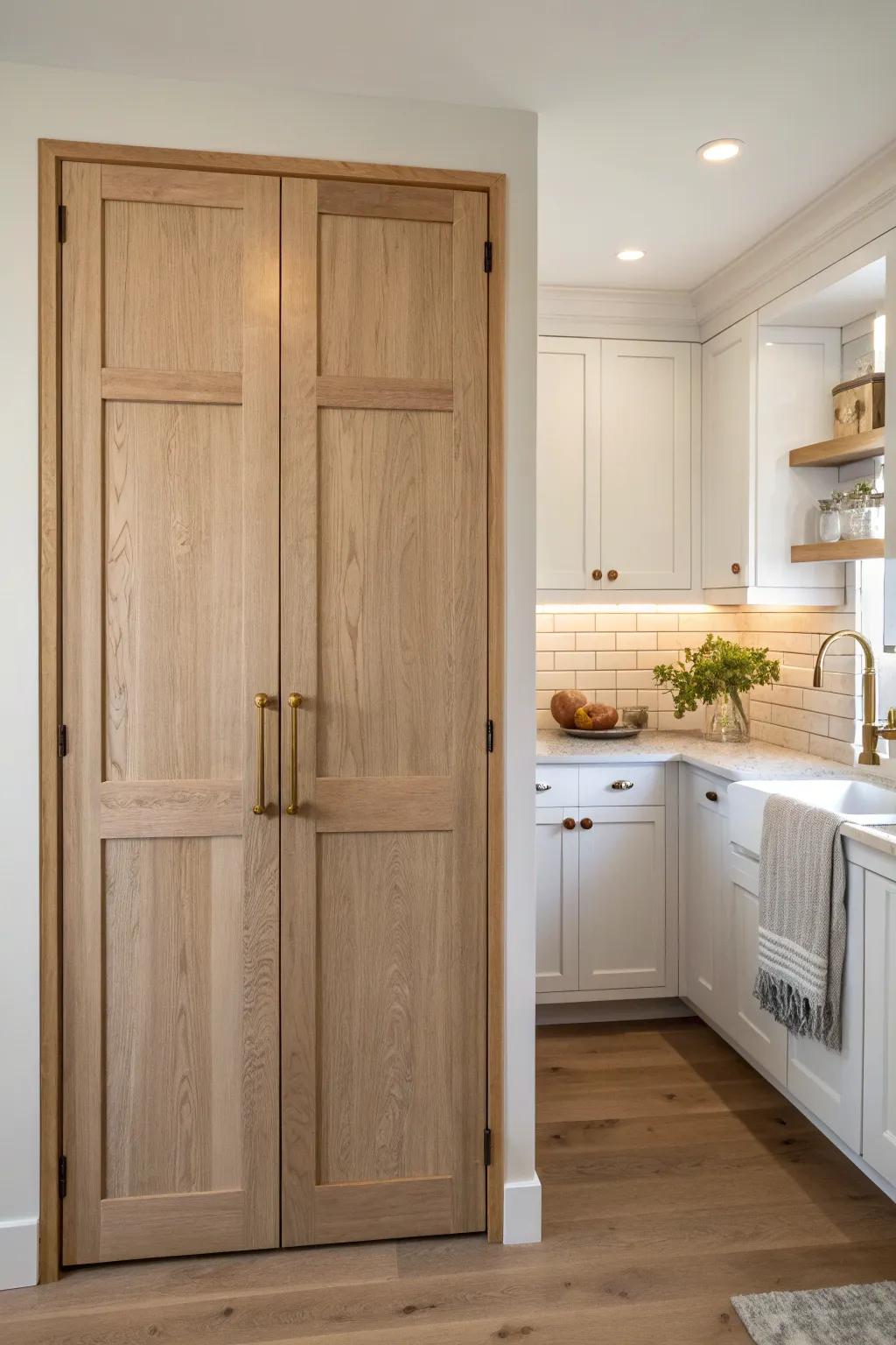 A hidden scullery galley behind oak doors—warm under-cabinet light and tidy shaker charm.
