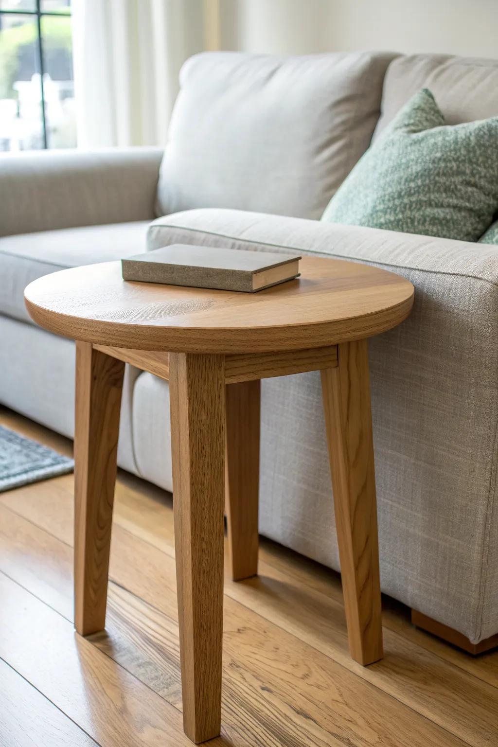 Handcrafted oak nook table—made for the sectional “V”—so every corner seat gets a spot.