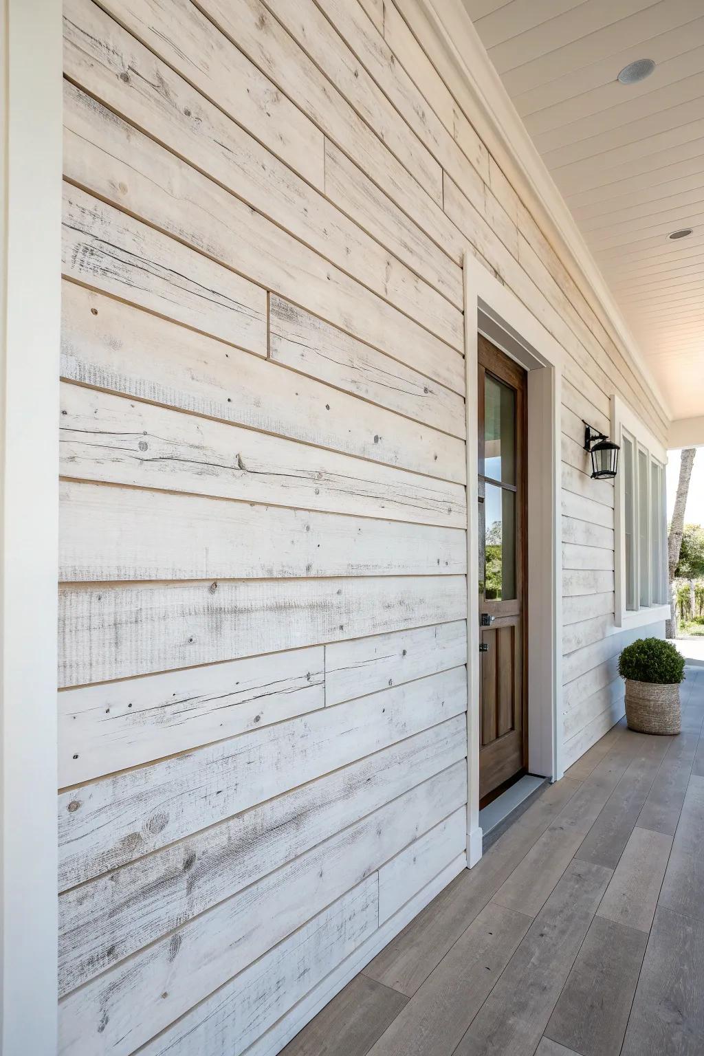A streaky whitewash shiplap panel that turns any entryway into a cozy shabby chic moment.