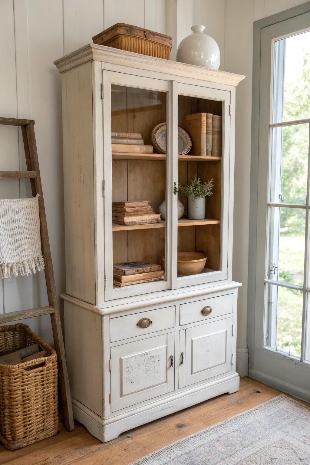 A distressed glass-front hutch turns office supplies into soft, shabby chic decor.