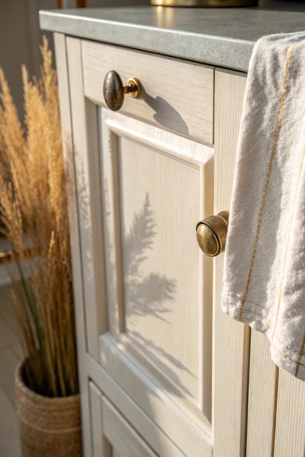 Warm brass knobs add a soft glow to Shaker uppers, making painted cabinets feel like furniture.
