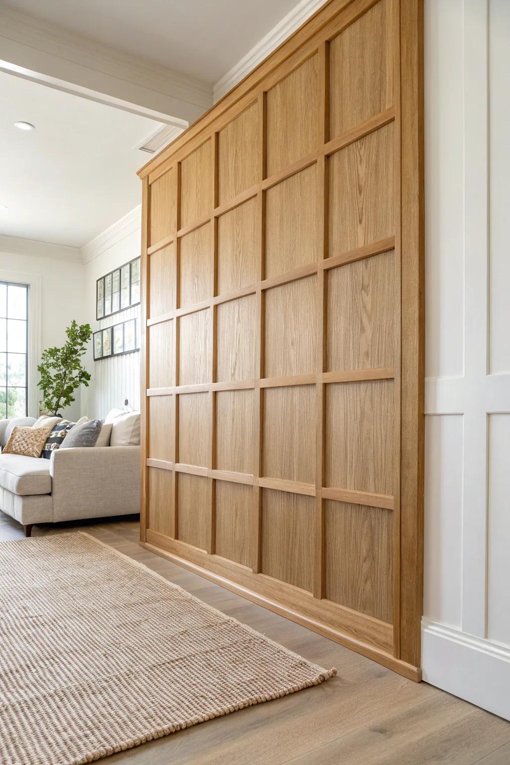 Full-height Shaker grid in light oak—clean rectangles and soft shadows for a bold focal wall.